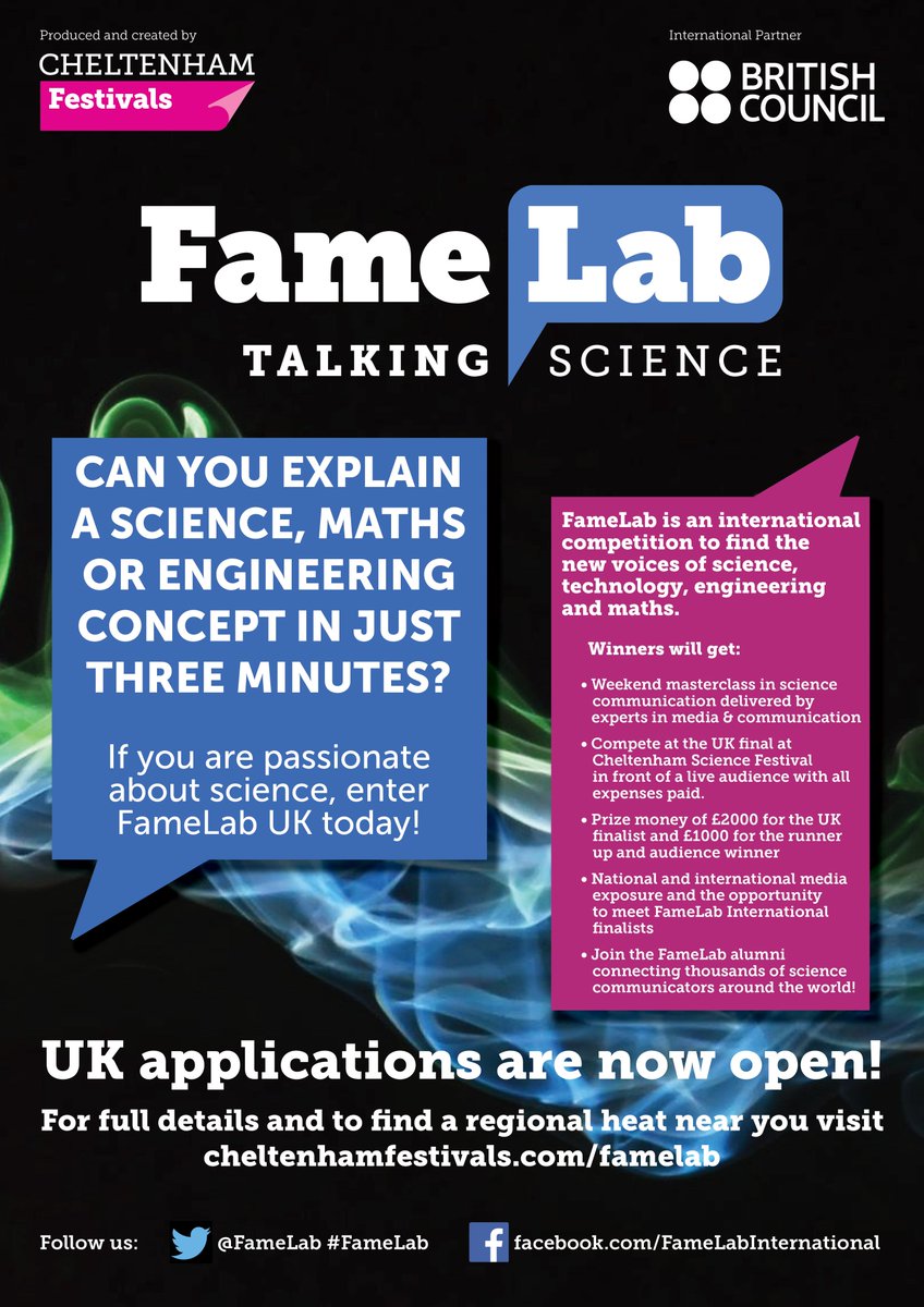 FameLab UK applications are now open!! 🎉🎉🎉

Could you take to the stage &amp; present a science concept in just 3 minutes?

APPLY and find out what is NEW for the 2019 competition at bit.ly/2iVGCrt

WATCH our #famelab video for more info bit.ly/2zreK2I