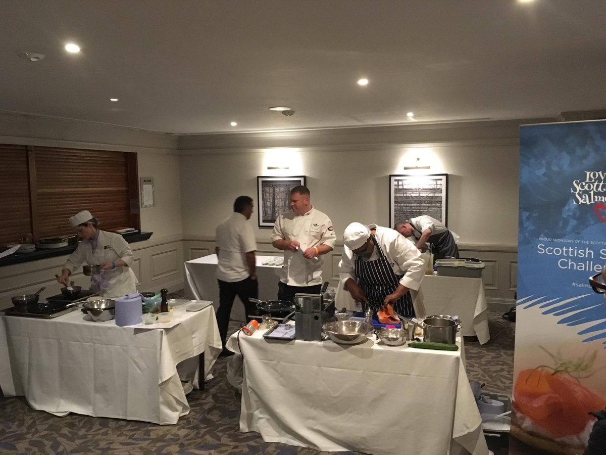 First 3 competitors starting their dishes, cooking for a place in the final on the main stage using #scottishsalmon