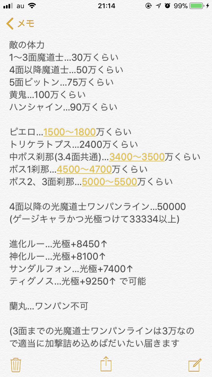 ぽけぽけ ぽけぽけメモ 幻光の刹那 の獄の方の刹那 敵の体力 推定 殴り倍率 4面以降の魔道士のワンパンライン まとめてます