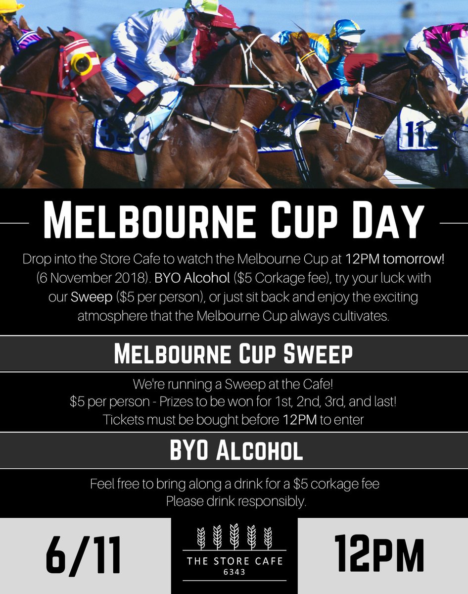 Cafe6343's tweet photo. Drop into the cafe tomorrow for our #MelbourneCup Sweep! The TV is set up for action, and BYO alcohol is welcome ($5 corkage fee). The race starts at 12PM, so get in early to try your luck at the Sweep 😁 https://t.co/To813iioIm