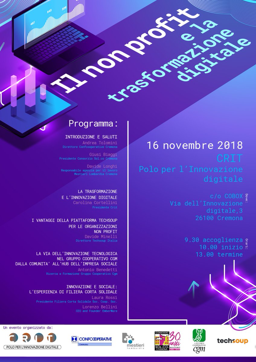 L'#Innovazione #Digitale è per il mondo #NonProfit che bisogna saper cogliere: ne parliamo il 16 Novembre al CRIT (Polo per l'innovazione digitale) di #Cremona: non perderlo! <a href="/TechSoupItalia/">TechSoup Italia</a> @GRUPPO_CGM <a href="/Confcooperativ1/">Confcooperative</a>