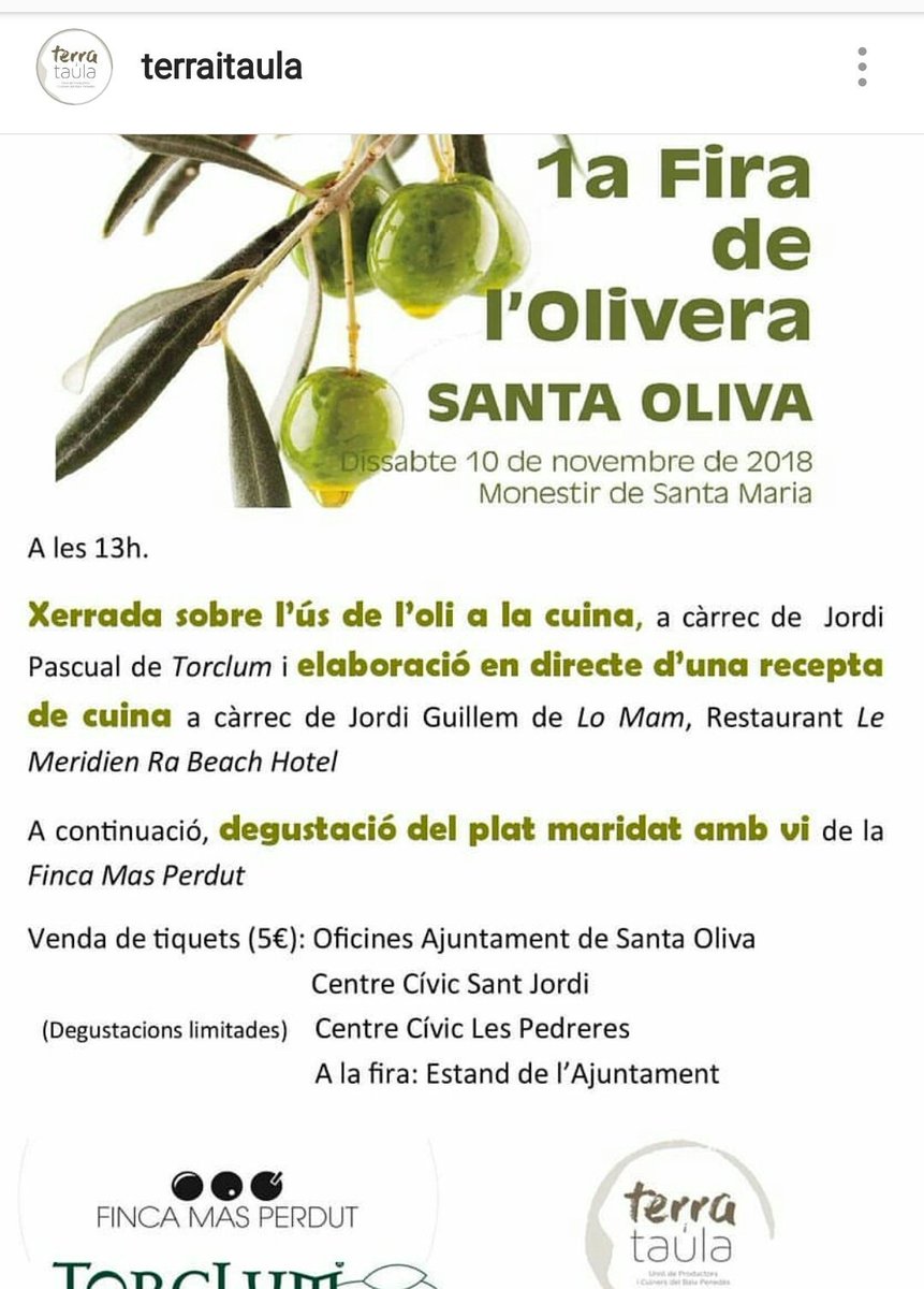 FincaMasPerdut's tweet photo. Aquest Dissabte 1a FIRA DE L'OLIVERA! Al Monestir de Santa Oliva :) Farem vermut amb vins, olis i platet de degustació! Us hi esperem!!#aove #santaoliva #gastronomia #VinsAmbAmor #lomam @TerraiTaula @Torclum @LleidaMam #BaixPenedes #oleoturisme #cultura #catalunyaexperience https://t.co/LX5SZ854Ye