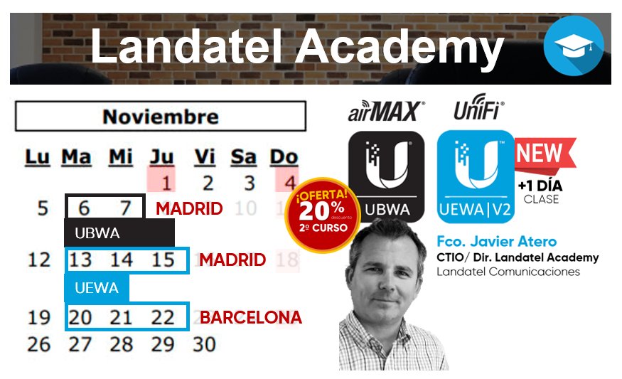 Landashop's tweet photo. Landatel Academy 🎓Hemos actualizado nuestro calendario de noviembre con nuevas formaciones @ubnt #UBWA y #UEWA en Madrid y Barcelona ¡Todavía estas a tiempo de inscribirte! ¡Más horas, nuevos contenidos y sesiones prácticas! #airMAX #UniFi @ubnt_latam https://t.co/pORHeldJOL
