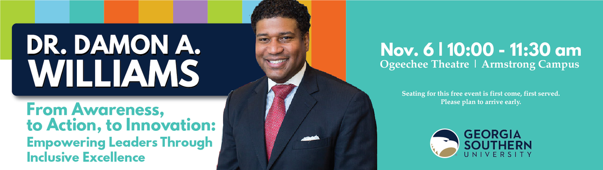 GSUCampusRec's tweet photo. [ARMSTRONG] Dr. Damon Williams will be at the Armstrong campus on Tues. Nov. 6 delivering his keynote "From Awareness, to Action, to Innovation." We hope you'll join us and be a part of the conversation. #LiveYourBestLife https://t.co/cJfkizzXs4