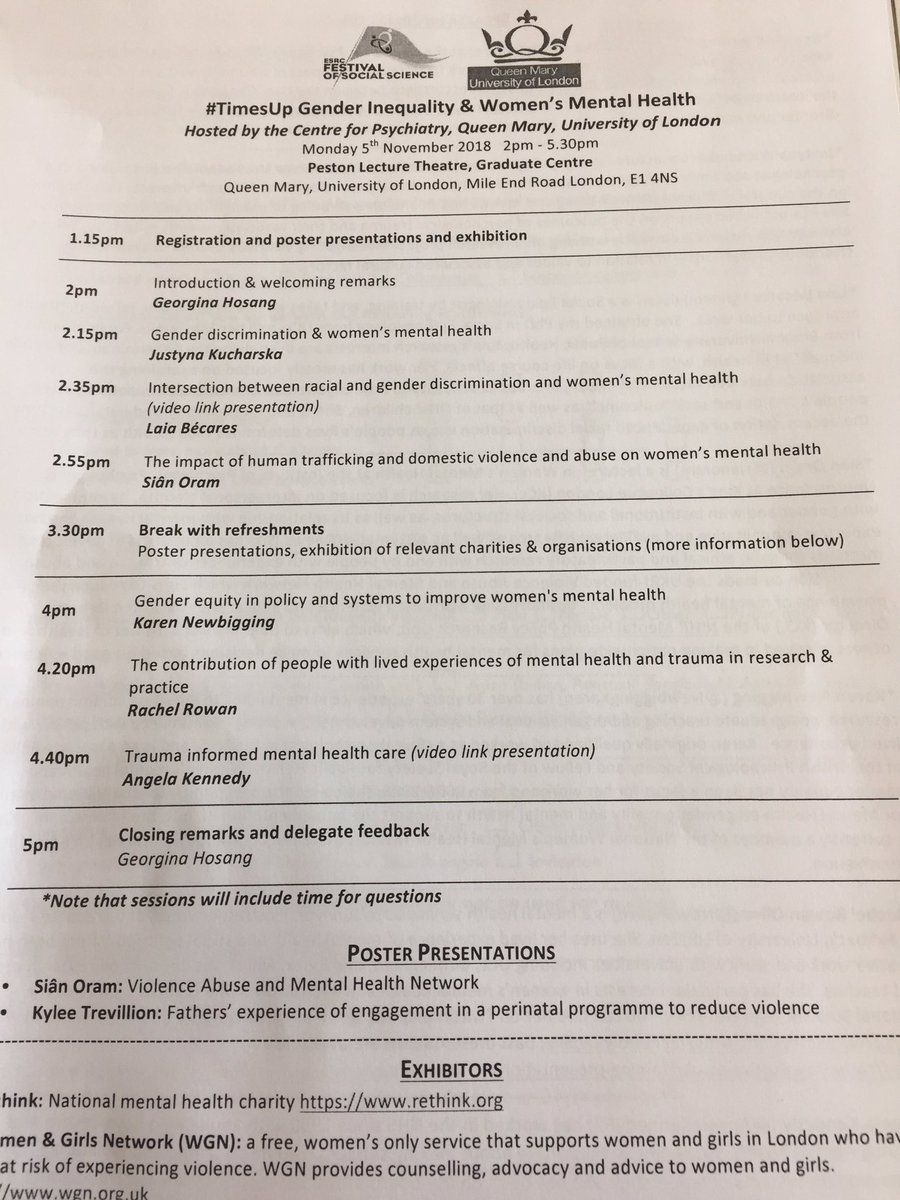 BryonyExton's tweet photo. What we can expect from today’s event at #ESRCFestival @QMULPsychiatry #TimesUpWomensMH https://t.co/YQJFZIsFUa