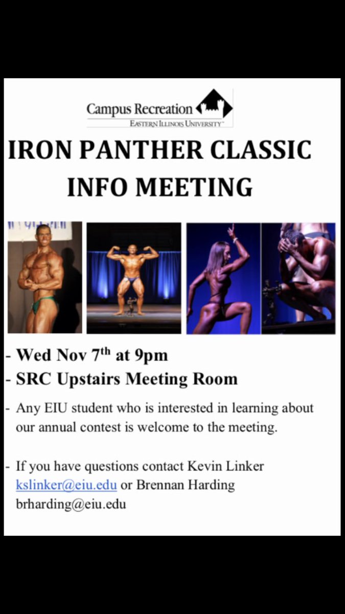 Our first Iron Panther Classic Meeting is 2 days away! Join us on Wednesday, 11/7 at 9PM to learn more about EIU’s own Bodybuilding and Physique show! <a href="/EIU_IMSports/">EIU Intramurals</a> <a href="/eiugroupfitness/">EIUGRX</a>
