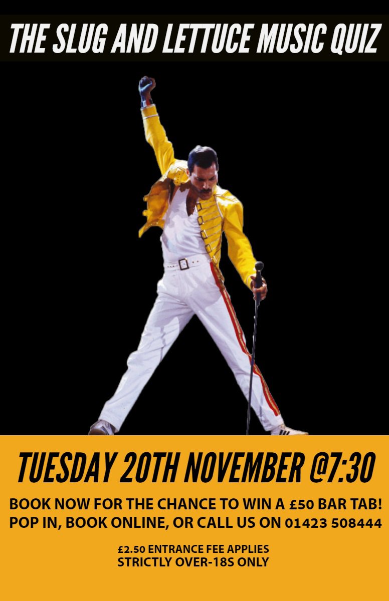 slugharrogate's tweet photo. Come on down to our music quiz on Tuesday 20th November and you could win a £50 bar tab! Also, book a table for 4+ people and be in with the chance of winning a free sharing platter for your table! Book online or call us on 01423 508444 ☺️#pubquiz #speedquizzing #harrogatequiz https://t.co/DM1qOu4i12