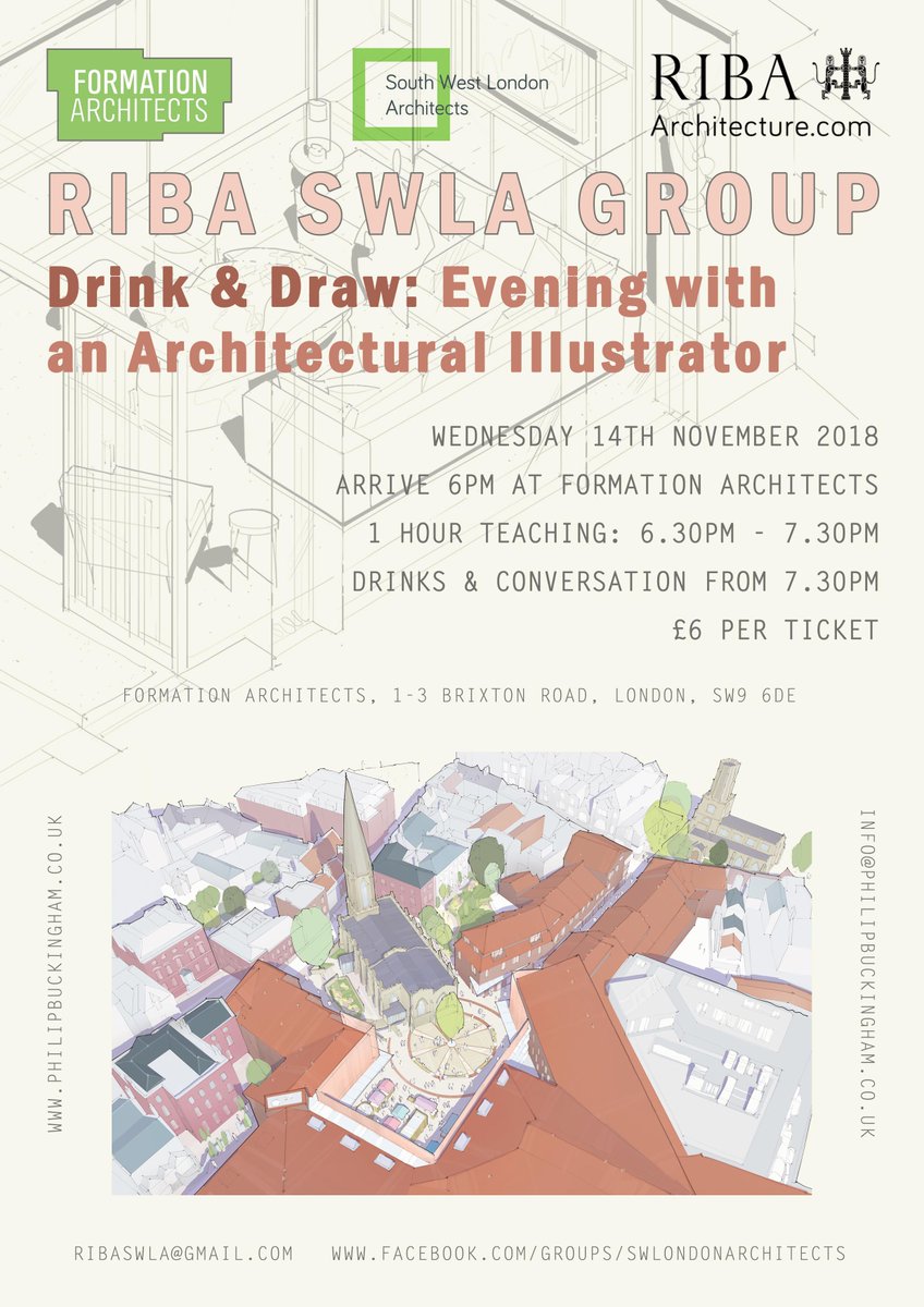 Join us for an evening of drinking and drawing hosted at <a href="/Formation_Arch/">Formation Architects</a> 14/11/18. Drawing class led by architectural illustrator <a href="/Philip_M_B/">Philip Buckingham</a> to help build confidence, speed and develop technique followed by drinks and conversation. @RIBA_London 
Tickets: eventbrite.co.uk/e/riba-south-w…