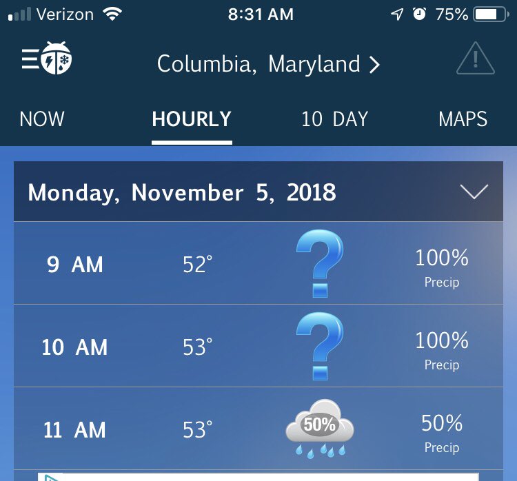 BmoreSparrow's tweet photo. What does “question mark” mean for weather?! That isn’t very helpful, Weatherbug app! #MDwx #HoCoMD #SingleGirlProblems #SpinsterLife #ProjectFuture #WhatsNext #INeedASitter #AmWriting https://t.co/f2GwsLhQ5C