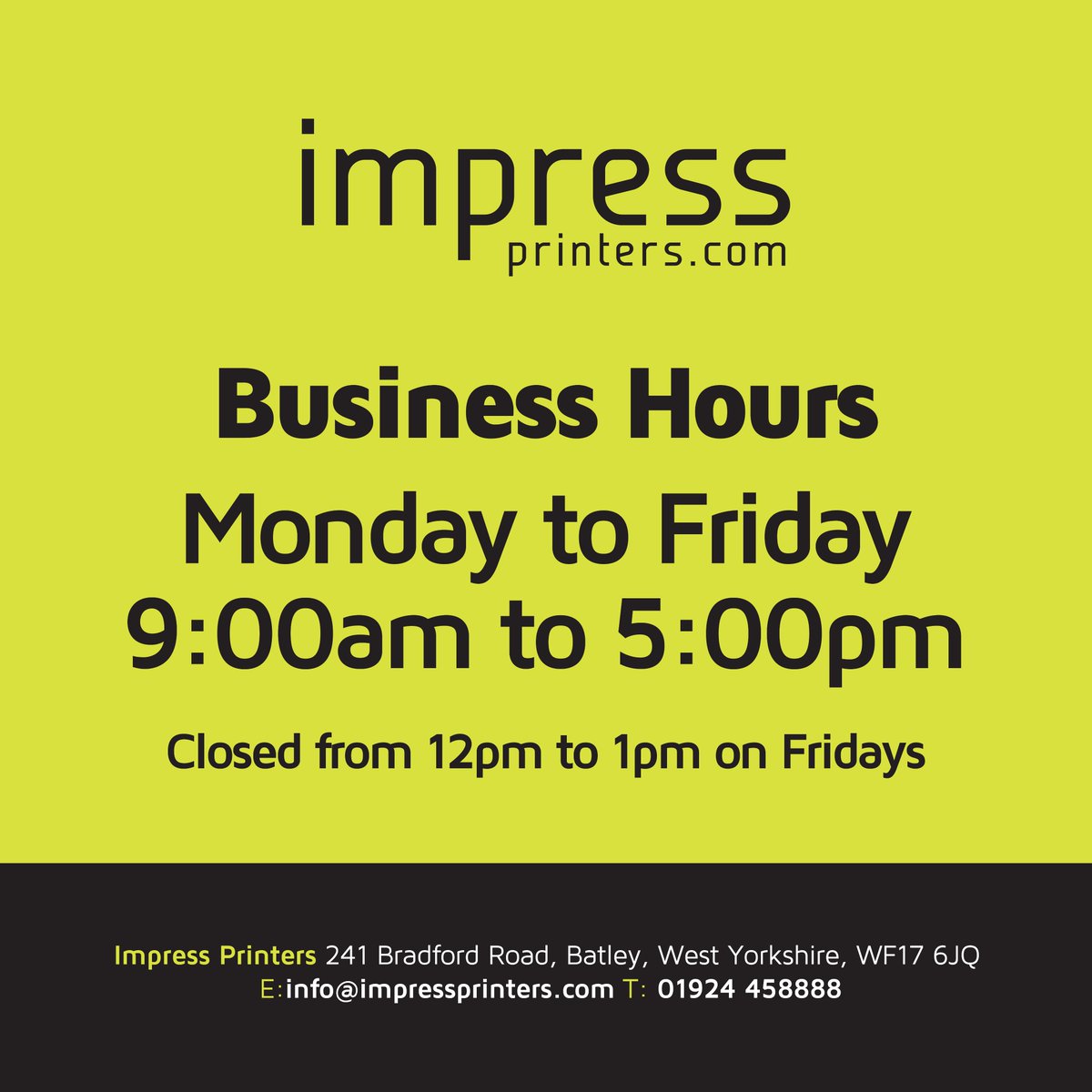 **  UPDATED OPENING TIMES  **

Check out our new Winter opening times! 

#business #printing #smallbiz #smallbusiness #productivity #design #startup #success #print #times #openingtimes #winter #batley #dewsbury