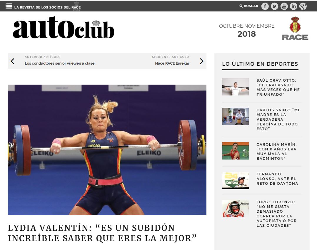 Campeona de Europa, campeona del mundo, campeona olímpica, y esta semana ¿campeona en los Mundiales de Ashgabat (Turkmenistán)?Os dejamos con la entrevista que nos concedió Lydia Valentín para la revista #AutoClub del <a href="/RACE_es/">RACE - Real Automóvil Club de España</a> ¡Mucha suerte <a href="/lydikit/">Lydia Valentín Pérez</a>! ➡ bit.ly/AutoClub_Lydia… …