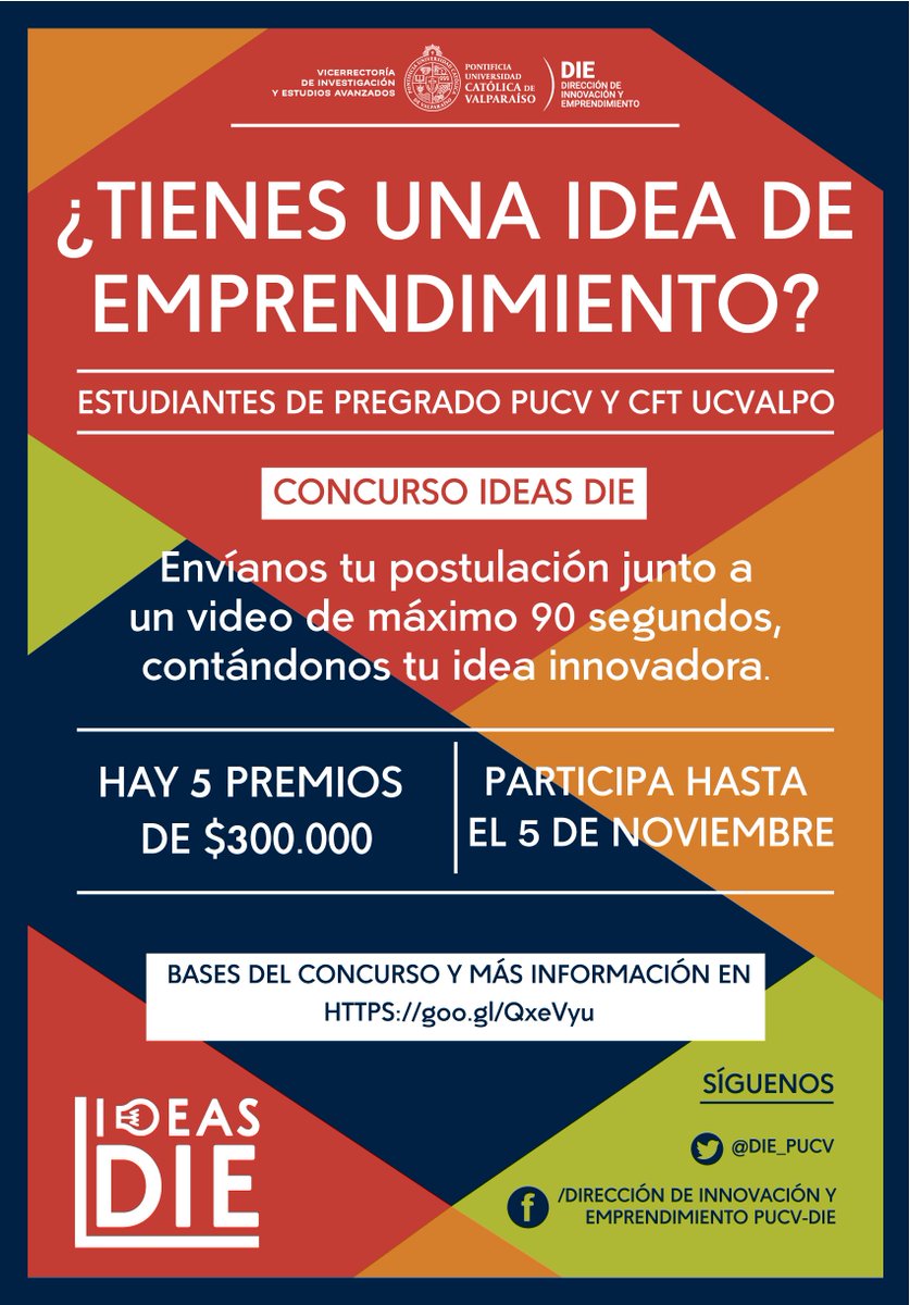 ¿Buscas financiamiento para tu emprendimiento? 
Con nuestro Concurso #IdeasDIE puedes ganar $300.000 y comenzar tu proyecto. Solo debes enviarnos tu video y podrías ser el ganador/a.

¡Apúrate!, es solo hasta el 5 de noviembre.

Más info: goo.gl/QxeVyu  

#IdeasDIE