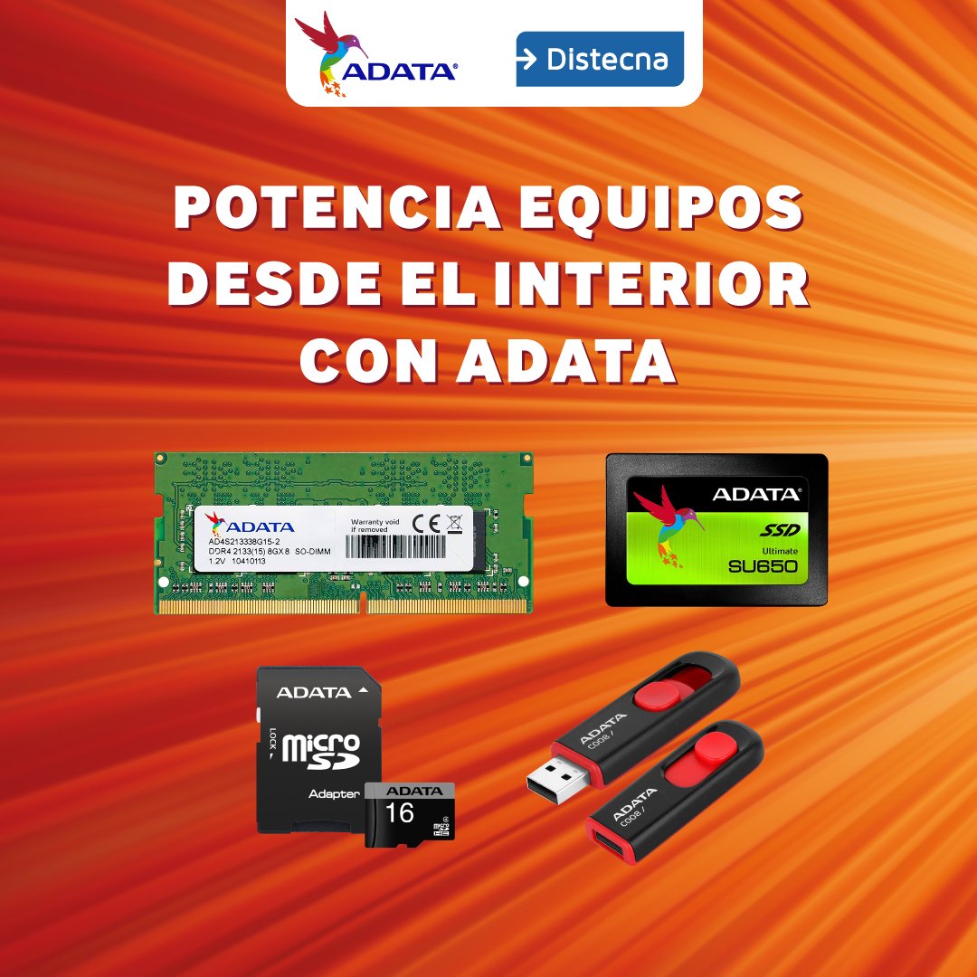DistecnaChile's tweet photo. Memorias DRAM para Notebooks y PC que potencian equipos, discos de estado sólido, discos duros, Micro SDHC, Pendrives y Cables para dispositivos móviles son parte del portafolio #ADATA disponible en @DistecnaChile. https://t.co/Q12EibTXf3