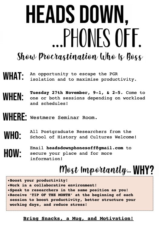 We've just founded a new #researchgroup for @theBRIHC #PGR students at @unibirmingham, named Heads Down, Phones Off! For a day of productivity, study tips & reduced study isolation, join us on 27th Nov! 💻 Register: headsdownphonesoff@gmail.com. More info: facebook.com/groups/4945971…