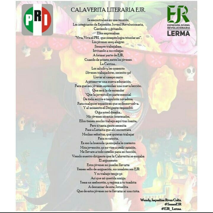 EJR_Lerma's tweet photo. Felicitamos a nuestra compañera Jaqueline Rivas por obtener el primer lugar en el concurso de #CalaveritasLiterarias organizado por la @EJR_Nacional

#SomosEJR 👏
#EJR_Lerma
#Expresiónate 
#RevoluciónPresente https://t.co/MCbA1RoDkQ