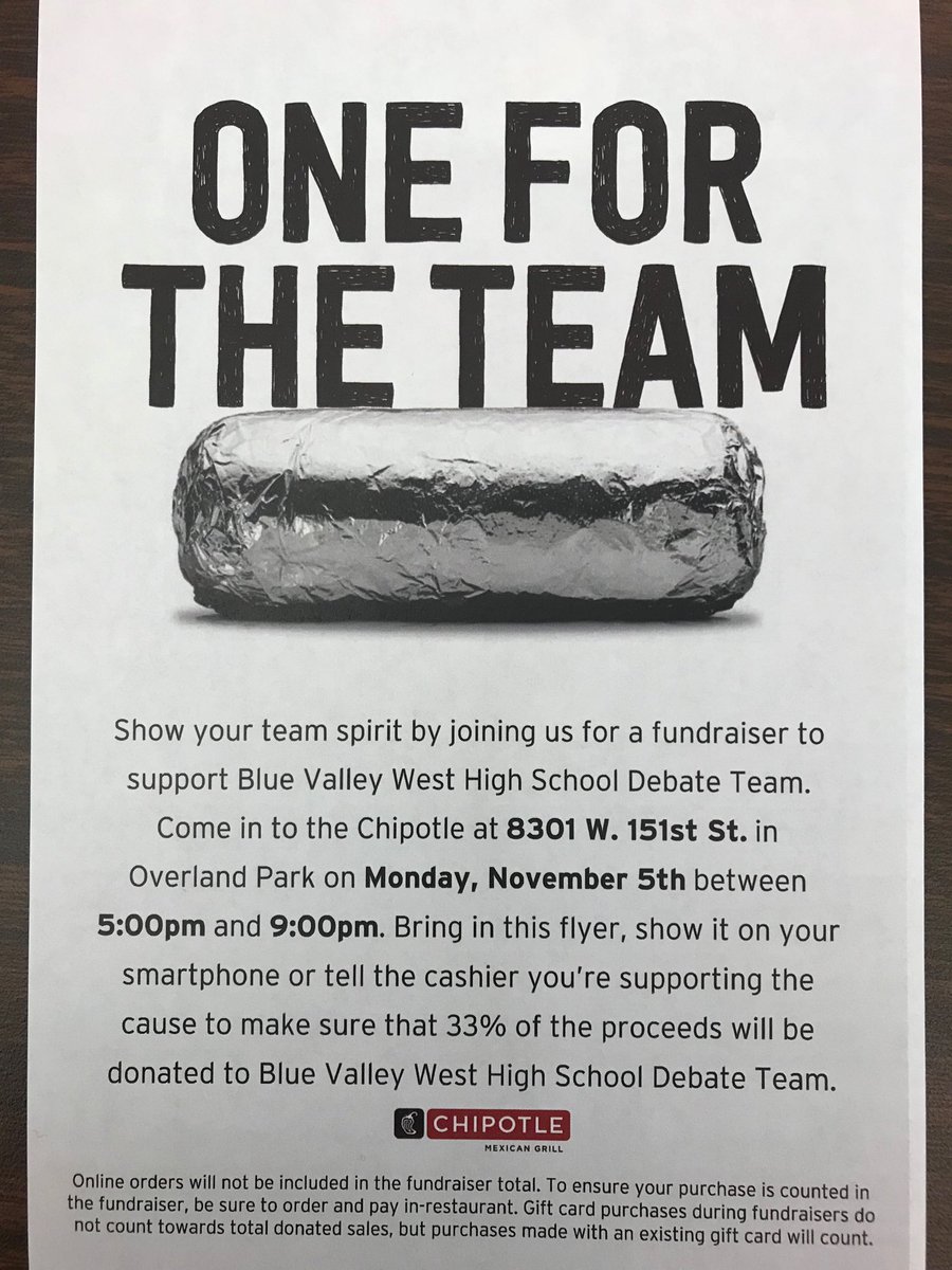 Remember to eat at Chipotle tonight and support your debate team! New location at 151st and Antioch from 5-9 pm! #chipotle #bluevalleywest #gojags #debate