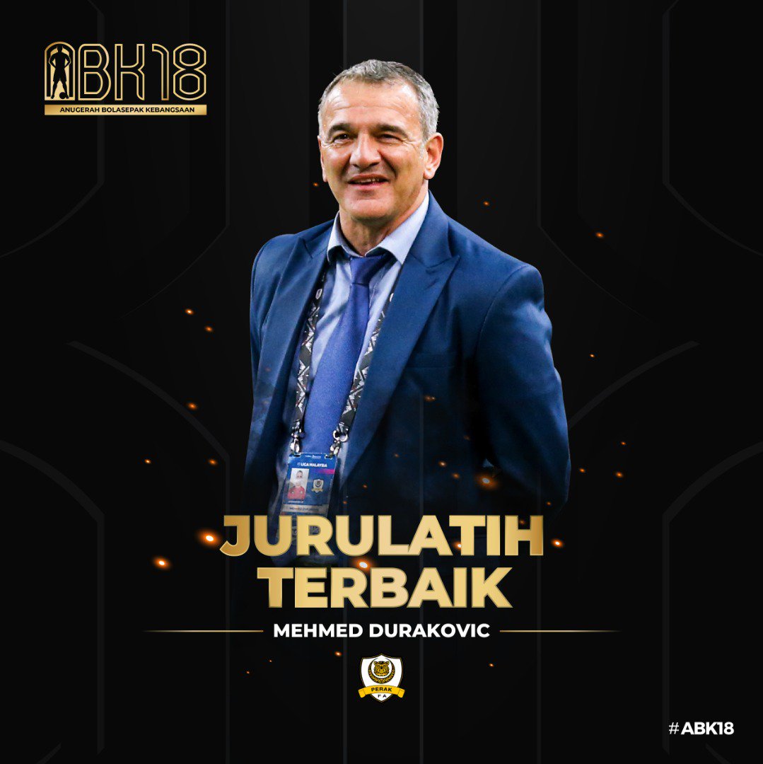 sukanperak's tweet photo. Tahniah coach Mehmed dan Shahrul Saad, masing-masing dinobatkan sebagai jurulatih dan pertahanan terbaik pada Anugerah #bolasepak Kebangsaan #ABK2018 https://t.co/PxglekPR11