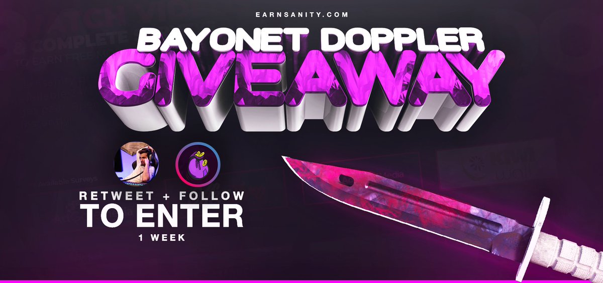 NeiL_Mcs's tweet image. ★ Bayonet Doppler FN Giveaway ★

To enter:
✔️ Retweet
✔️ Tag one friend
✔️ Follow @NeiL_Mcs &amp;amp; @Earnsanity 
✔️ Visit earnsanity.com 

Ends in 7 days!
Good luck!