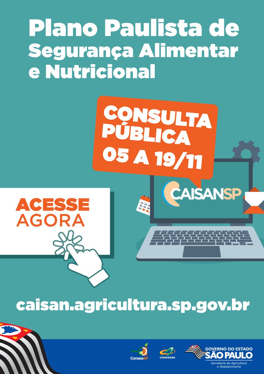 ConseaSp's tweet photo. Órgãos públicos, entidades sociais, universidades e a sociedade civil poderão encaminhar sugestões e contribuições entre os dias 05 e 19 de novembro no site: https://t.co/boSnjYfHzj

#Codeagro #CaisanSP #ConseaSP #AgriculturaSP #GovernoSP https://t.co/JRM9BfWNca