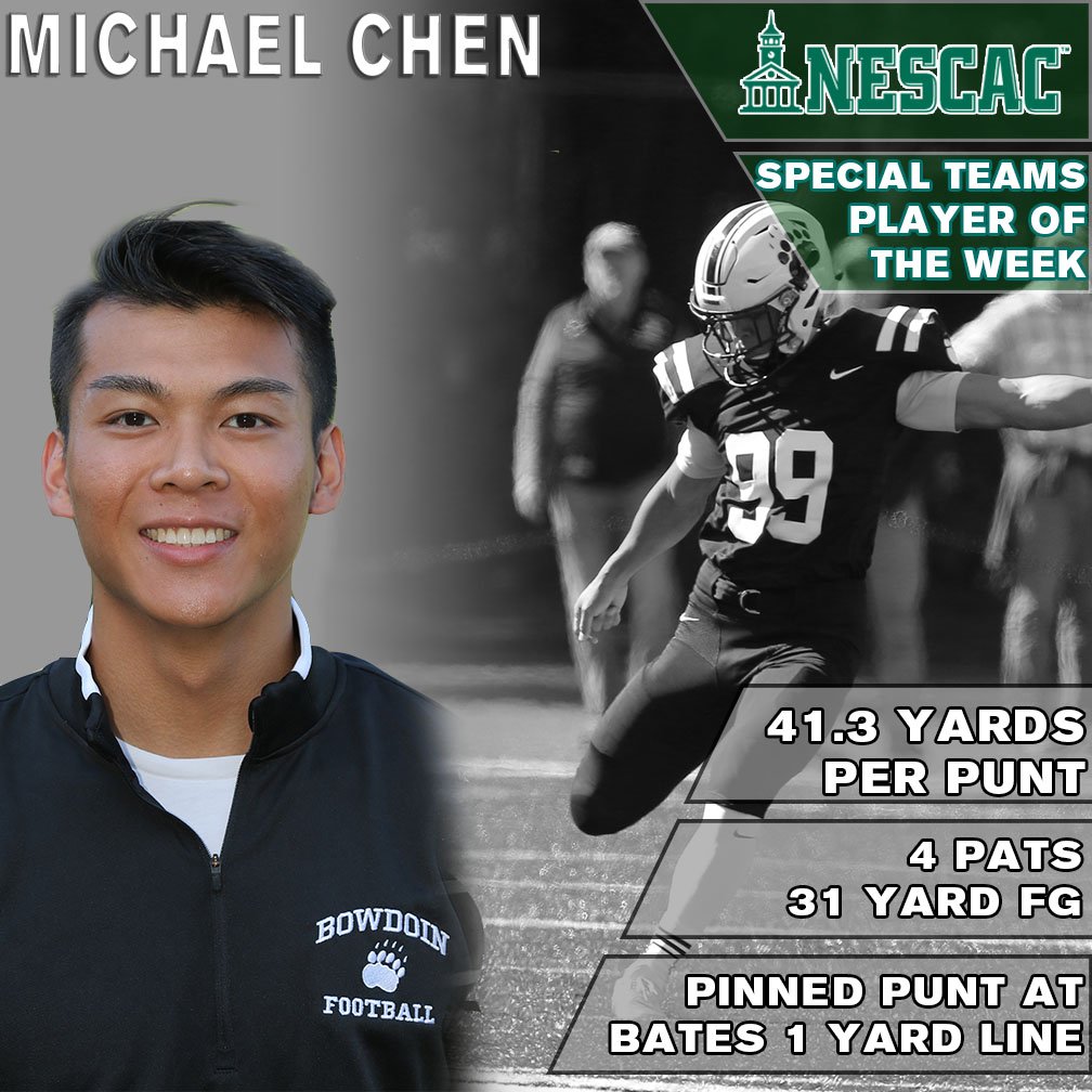 GoUBears's tweet image. Congrats to Michael Chen of @BowdoinFB on earning @NESCAC Special Teams Player of the Week! #GoUBears