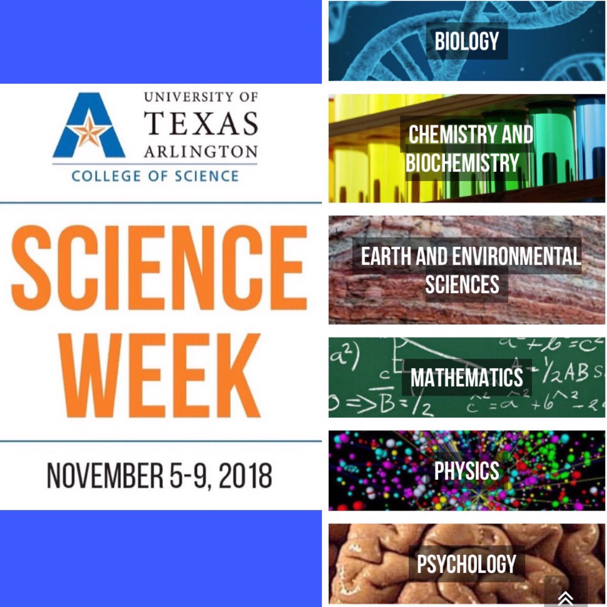 Hey College of Science students! This week is Science Week at UTA! Check out the full schedule of events here: uta.edu/science/events… #uta #utapsych #psychology #science #collegelife #college #universityoftexasatarlington