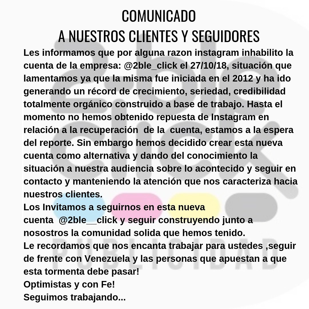 2ble_click's tweet image. Iniciamos la Semana haciendo público éste comunicado el cual es de gran  importancia y necesaria la explicación a todos nuestros seguidores,  han sido varios los que nos han consultado, de manera que con mucha responsabilidad aquí le informamos. .