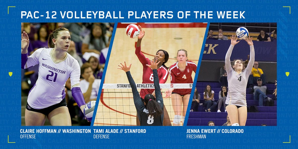 Congrats to the #Pac12VB Players of the Week! <a href="/UWVolleyball/">Washington Volleyball</a>'s Claire Hoffman is the Offensive Player of the Week, <a href="/StanfordWVB/">Stanford Women's Volleyball</a>'s Tami Alade is the Defensive Player of the Week and <a href="/CUBuffsVB/">Colorado Buffaloes Volleyball</a>'s Jenna Ewert is the Freshman of the Week. pac12.me/115VBPOW