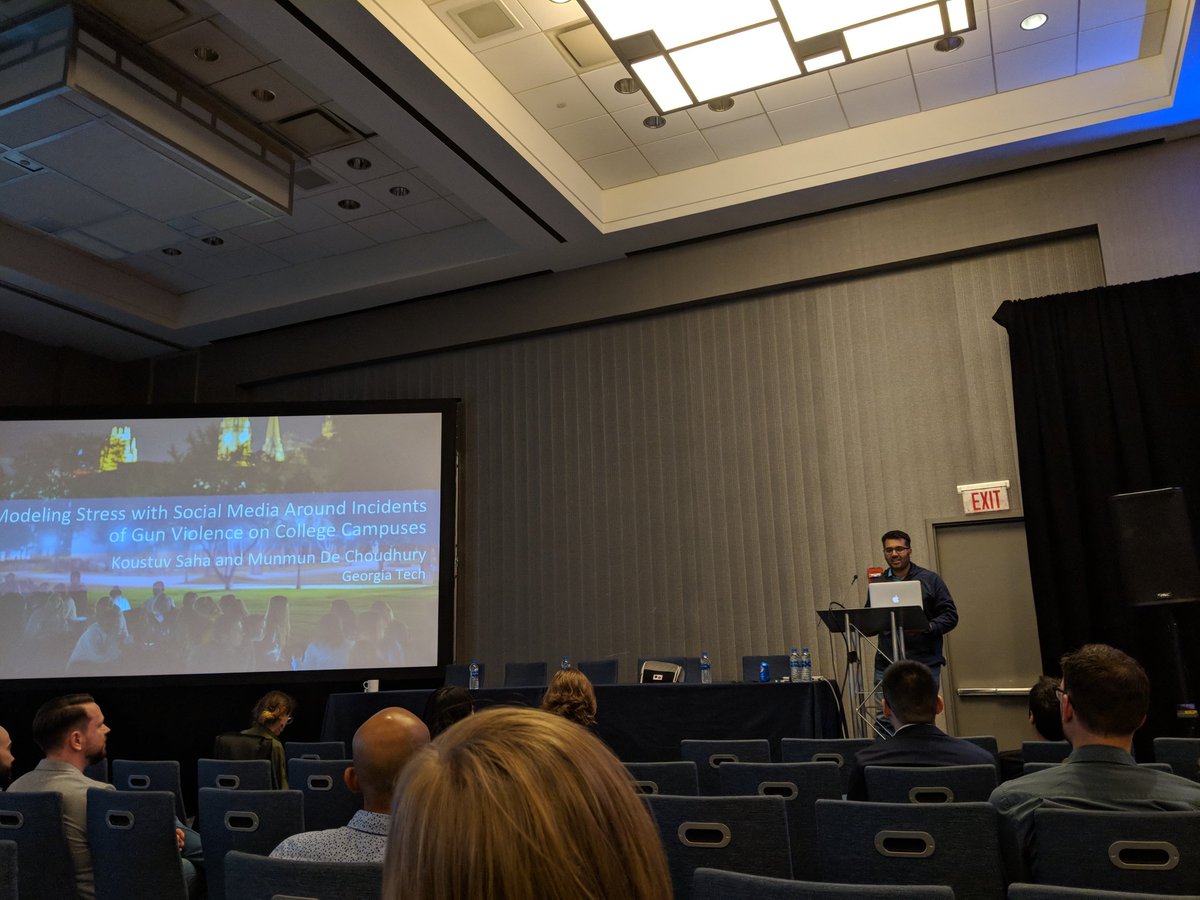 snchancellor's tweet image. In the afternoon session, another one of my labmates @kous2v is discussing his research on how to examine stress after gun violence on college campuses with Reddit data! #CSCW2018