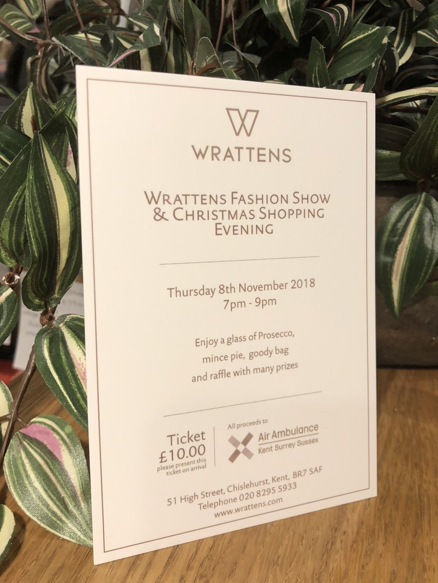 Don't miss our Fashion show &amp; Christmas shopping evening this Thursday 8 November! Tickets still available, £10 each (includes glass of Prosecco and goody bag) and all proceeds go to Kent Air Ambulance <a href="/airambulancekss/">Air Ambulance Charity Kent Surrey Sussex</a> Pop into the shop to buy your ticket. <a href="/VisitChis/">Visit Chislehurst</a>