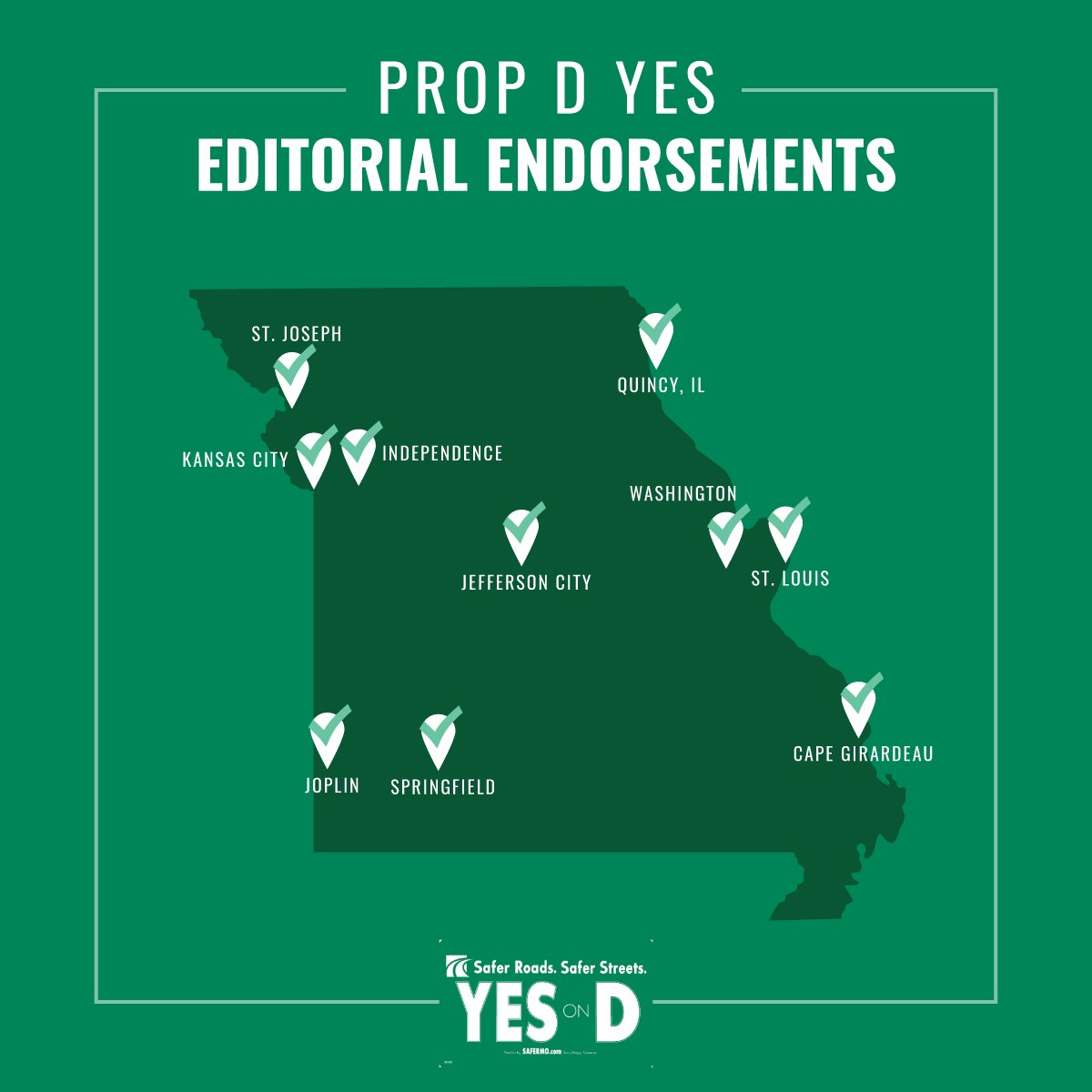 safermocom's tweet photo. Across Missouri, everyone agrees. Vote #YesOnD for Safer Roads and Safer Streets. THREAD:

The Kansas City Star:
https://t.co/2IFTQVUvt7

St. Louis Post-Dispatch:
https://t.co/6u7kfYReW8

Springfield News-Leader:
https://t.co/7xoJeJJ3AX https://t.co/e4TjYEY0UC
