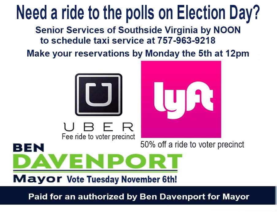 Bendavenportvb's tweet photo. Need a ride to the polls on Election Day? Contact Senior Services of Southeast Virginia at 757-963-9218 by 12 noon TODAY 
@Uber
 is offering $10 off a single ride to the polls on Election enter promo code VOTE2018
@lyft
 is offering 50 percent off or up to $5 off rides https://t.co/176FmS7NUn