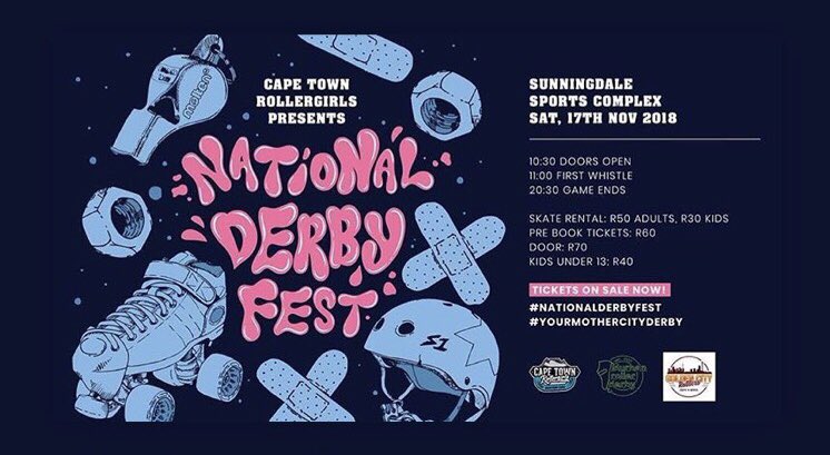 National Derby Fest 2018 next weekend in the Mother City! 
When: 17 November 
Time: 10.30am - 9pm
Where: Sunningdale Sports Complex.
For more info and to buy tickets, DM us. #derbyfest2018 #rollerderby #yourmothercityderby