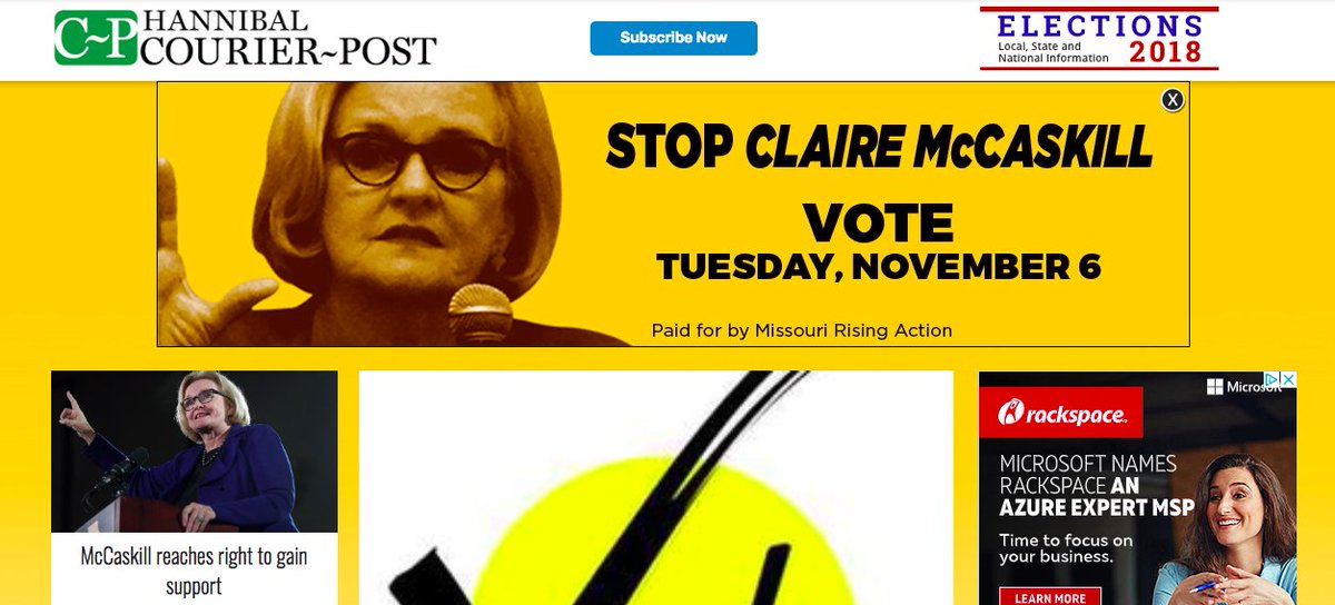 MORisingAction's tweet image. Our ads are appearing on the websites of 10 newspapers across Missouri. Remember to vote for @HawleyMO tomorrow! #MOSen