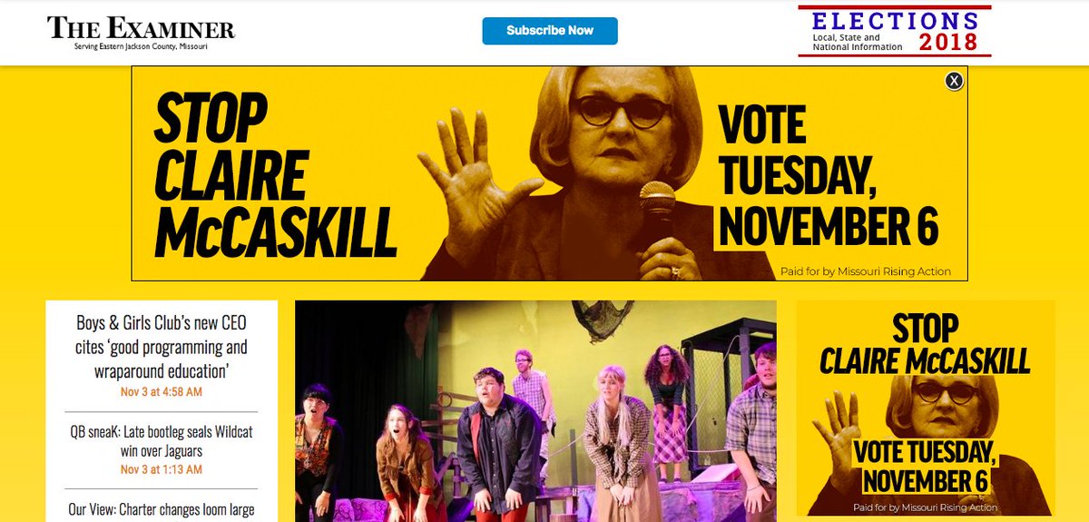 MORisingAction's tweet image. Our ads are appearing on the websites of 10 newspapers across Missouri. Remember to vote for @HawleyMO tomorrow! #MOSen