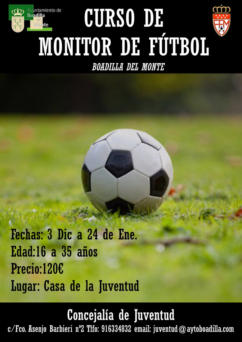 El Ayuntamiento ofrece a los jóvenes un curso de monitor de fútbol base #Boadilla bit.ly/2QkWW0e
