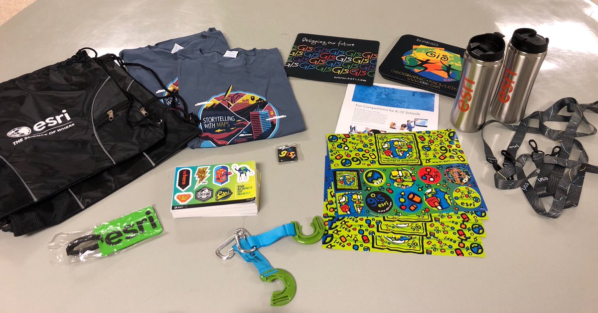 LisaDeslaurier's tweet photo. Thanks ⁦@Esri⁩ for the donated items from the #STATCAST2018 booth. @HCDEtx #HCDETLC will use them as Geography Bee prize items for Houston Area Student GIS day on 11/15! https://t.co/SUiCFleb4L