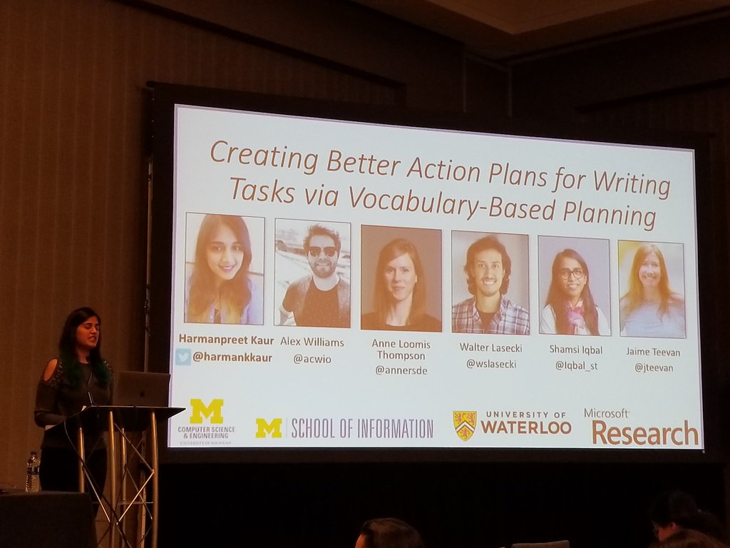 wslasecki's tweet image. Starting @harmankkaur&apos;s #CSCW2018 presentation on her work with MSR collaborators on using vocabularies to guide more effective, efficient feedback on writing tasks in Hudson IV, V, VI!