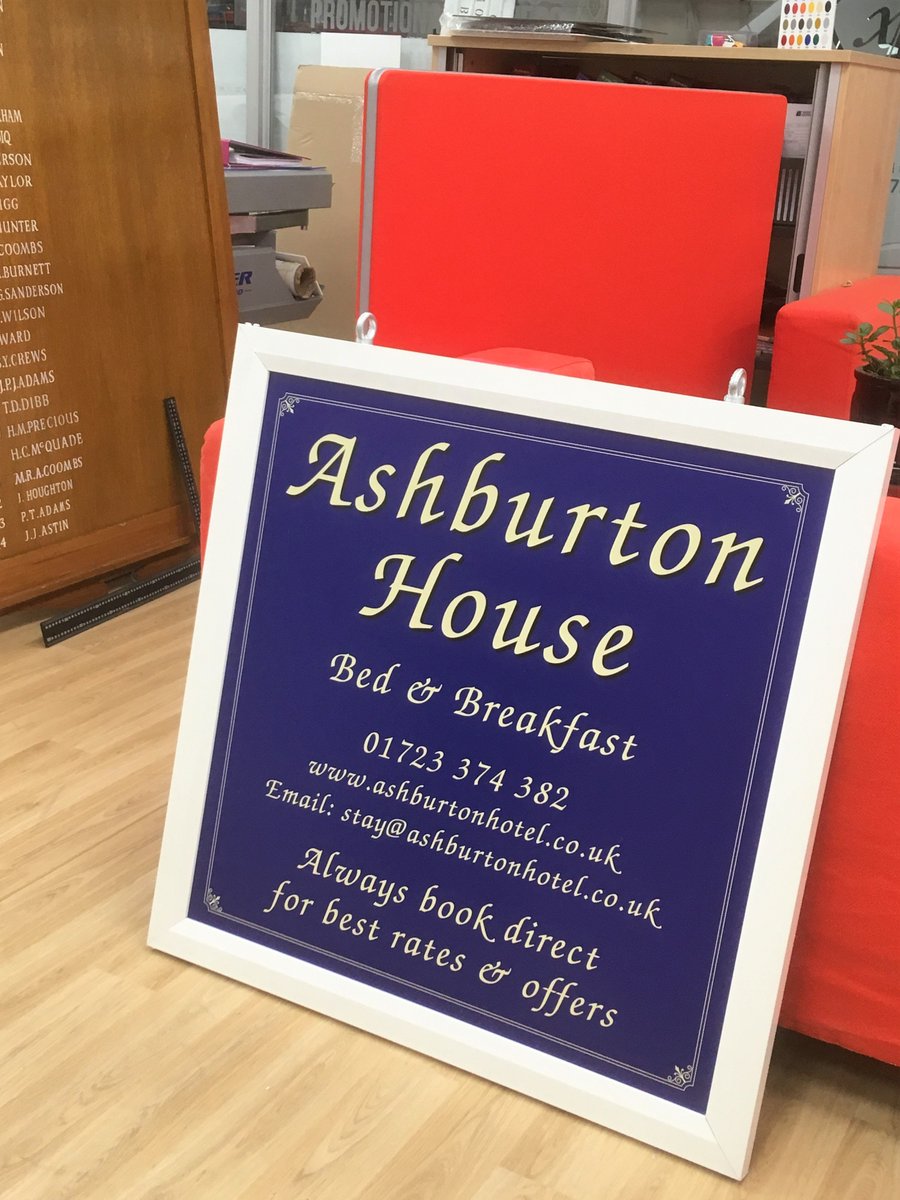 A #smart #new sign ready for delivery :  #UVcured #ink #directlyprinted and #framed for this lovely B&amp;B  #AshburtonHouse on #ValleyRoad. For signs that help you #standout from the crowd contact us on :
01723 332424
