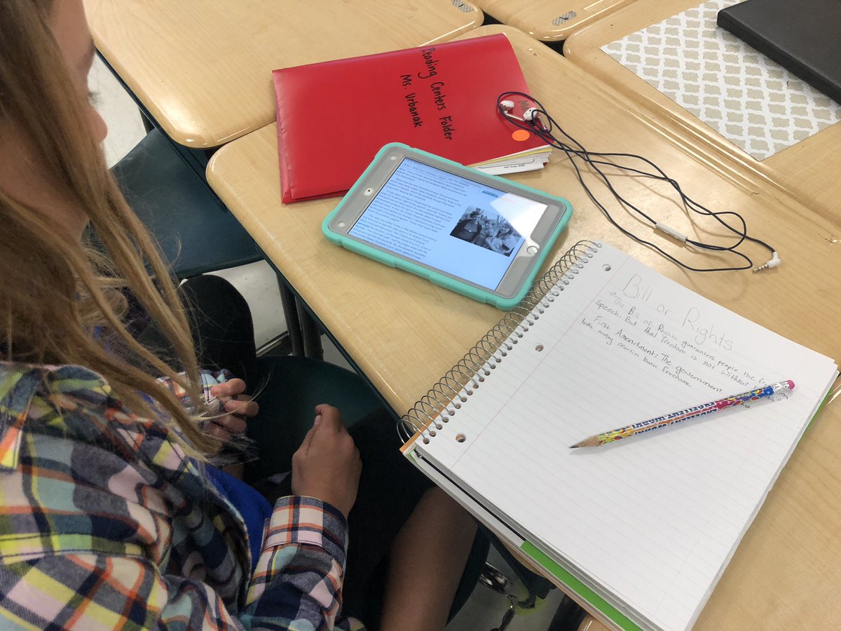 HalleyUrbanak's tweet image. Our Tech Center today was Social Studies! My 5ths learned about The Bill of Rights on their online textbooks (and played games and did drawings to reinforce what they read/listened to) while I taught small group. Even Winston was engaged 🐰! @cypresscreekvcs #vcsblendedlearning