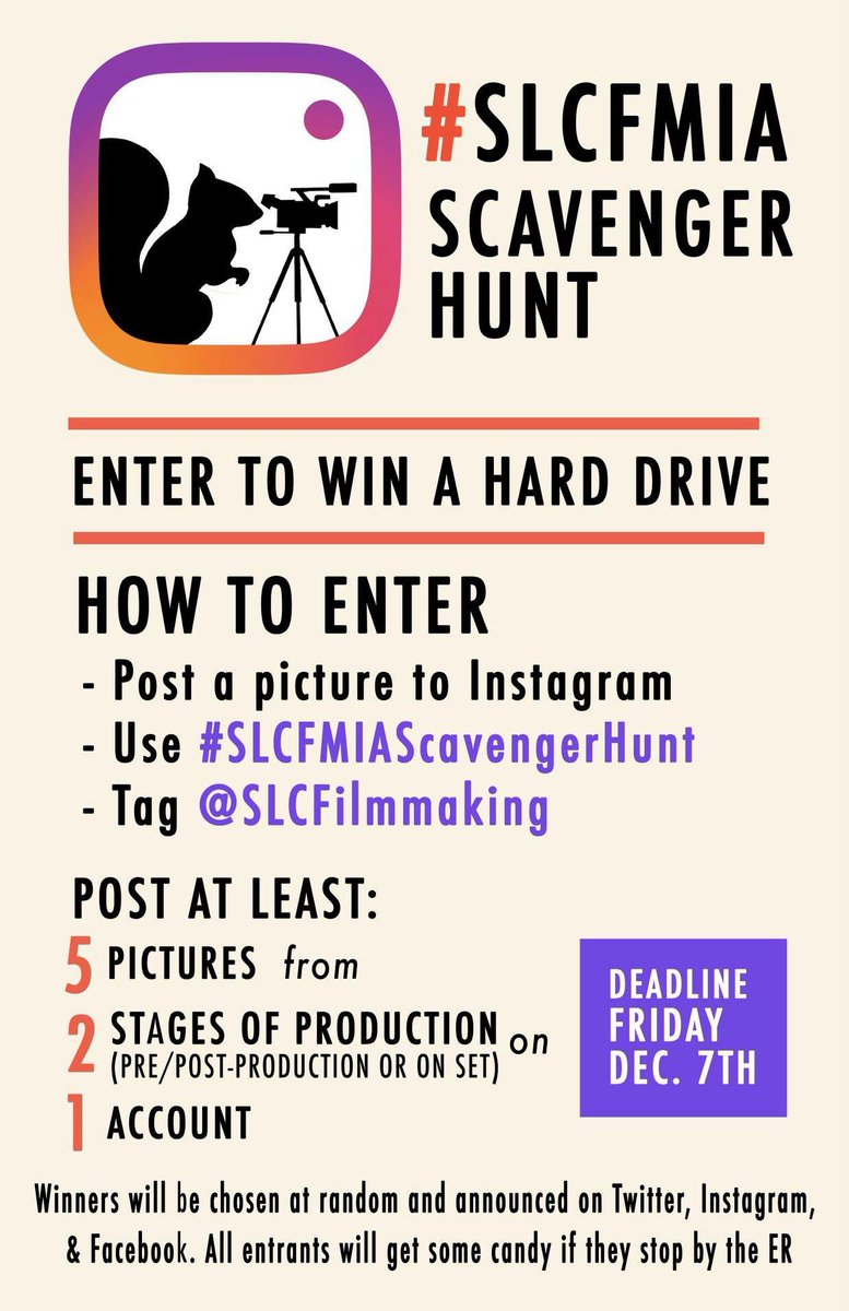 SLCFilmmaking's tweet photo. Making a #ConferenceFilm? want a new hard drive? Join the #SLCFMIA Instagram Scavenger Hunt! https://t.co/8xtTpJA4E0