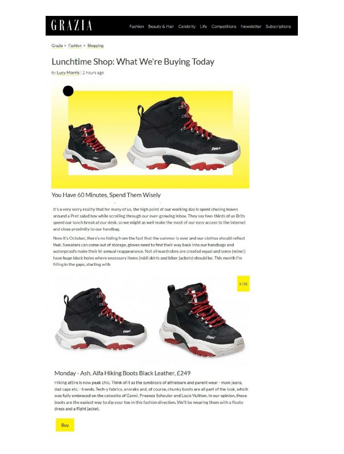 BrandBoudoir's tweet photo. @GraziaUK​ featured the ASH ALFA trainers in their 'Lunchtime Shop: What We're Buying Today' article! https://t.co/O8lFjqOSv3