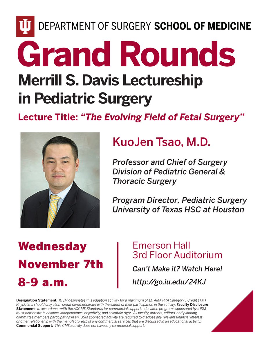 Excited to have Dr. Tsao as the Merrill S. Davis Visiting Professor in Pediatric Surgery for this week's Grand Rounds Presentation.  His talk is titled, "The Evolving Field of Fetal Surgery." 

Please come join us!  Emerson Hall Auditorium | November 7th 2018 | 8:00am