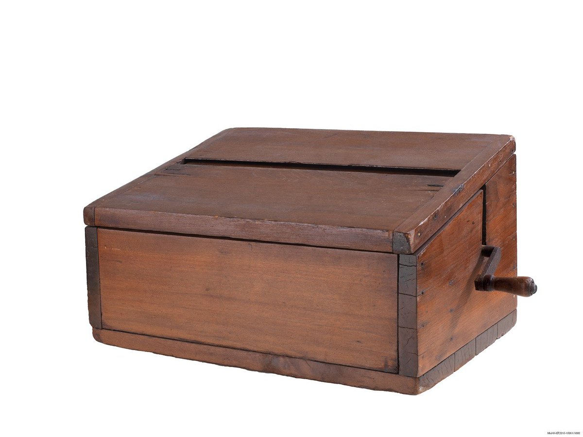 Let's start with the most basic of voting machines: a ballot box.  A ballot box is just...well, a box where voters' ballots can be stored until they're counted. Ballot boxes can come in all sorts of shapes and sizes; our collections include quite a few.  #VoteHistory
