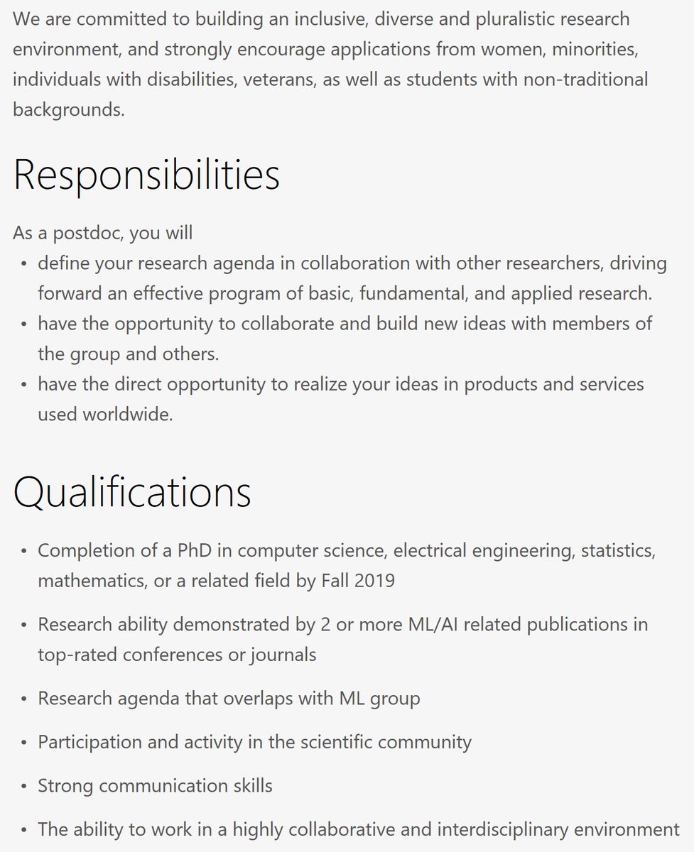 Job ad out for postdoctoral researcher at @MSFTResearch in NYC 🌇🗽 focusing on AI and related topics 📈🤖🧪 Looking for theory and/or applied folks; great collab opportunities! Deadline 11 Dec (incl. letters)! Job: careers.microsoft.com/us/en/job/5287… ML group: microsoft.com/en-us/research…