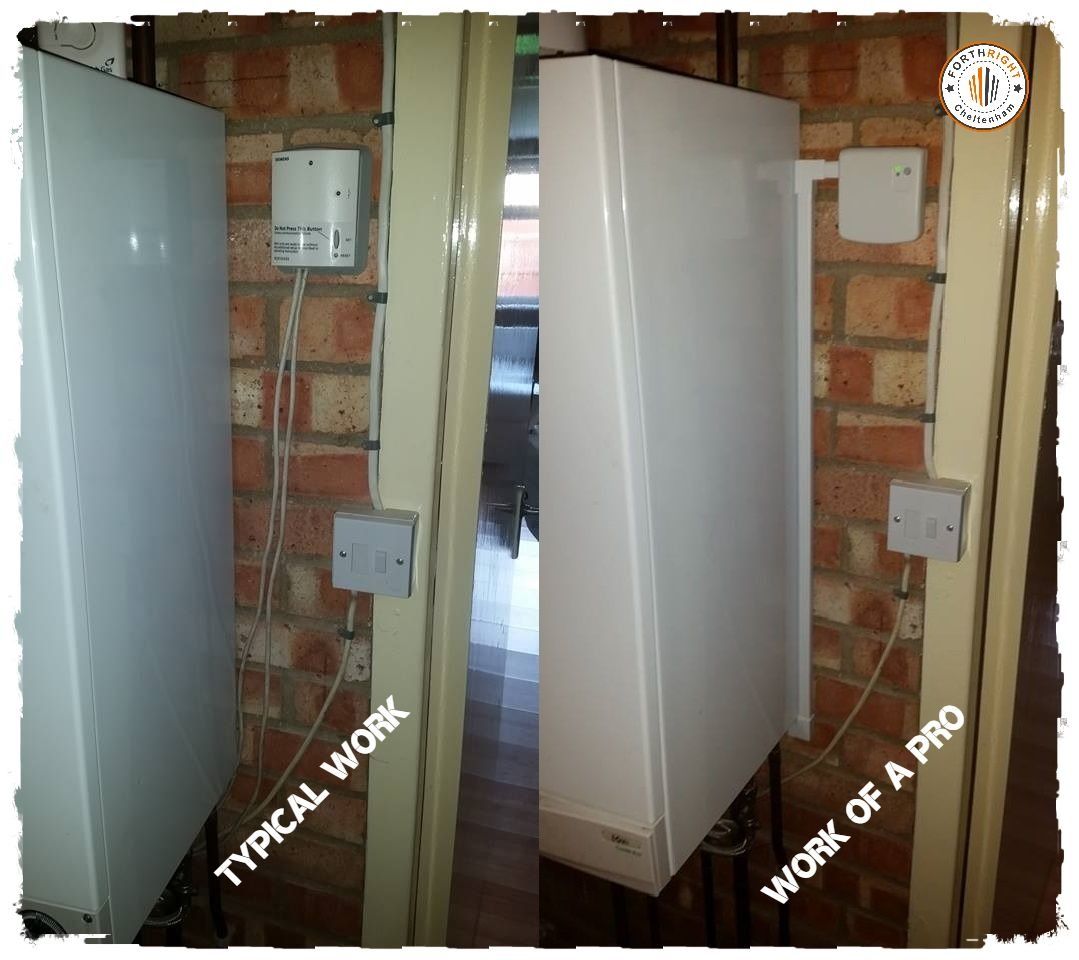 Part of a smaller job in Cheltenham. Here you can see the before and after of a receiver unit for a wireless room stat that needed replacing. The photograph on the left is the typical standard of work we come across, the one on the right is ours.