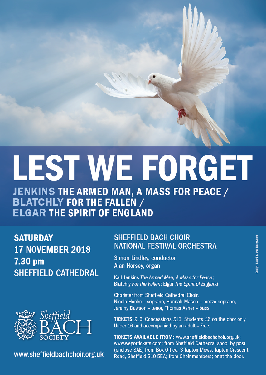 SheffieldBach's tweet image. Looking forward to our remembrance concert @sheffcath 17 Nov 7.30pm Armed Man Elgar Spirit of England.