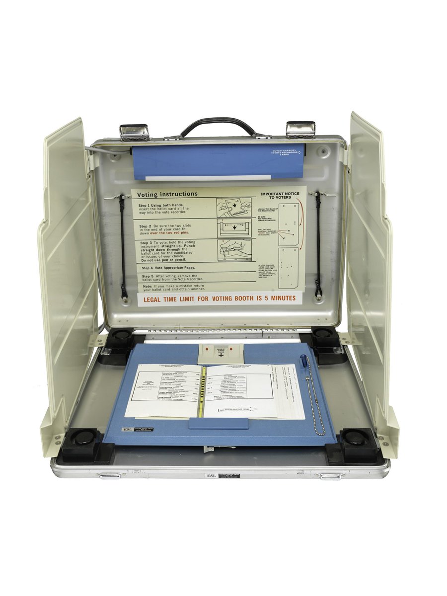 On a vote recorder machine, voters insert a machine-readable ballot card into a frame and then use a stylus to punch out "chads"—tiny pieces of paper—on the card. Election officials collect the card and tally the vote later, usually with the help of a computer .  #VoteHistory