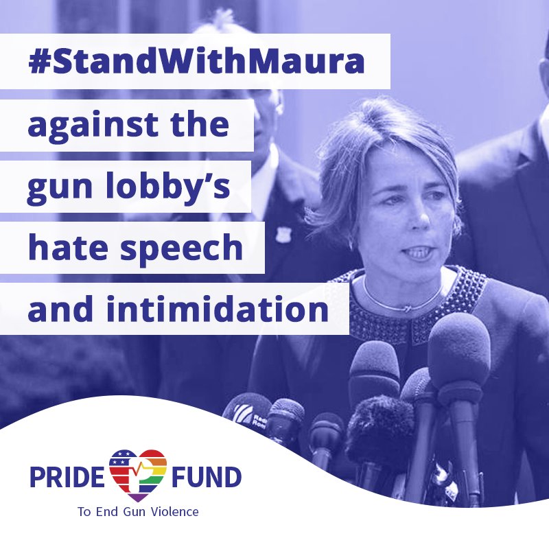 Pride_Fund's tweet photo. After Pulse, MA Attorney General @maura_healey cracked down on assault weapons to save lives from gun violence. She was targeted by the #NRA's disgusting threats and bigoted insults. But she stood her ground and kept up the fight. That's why we are so proud to #StandWithMaura. https://t.co/FRucG0ozJ7