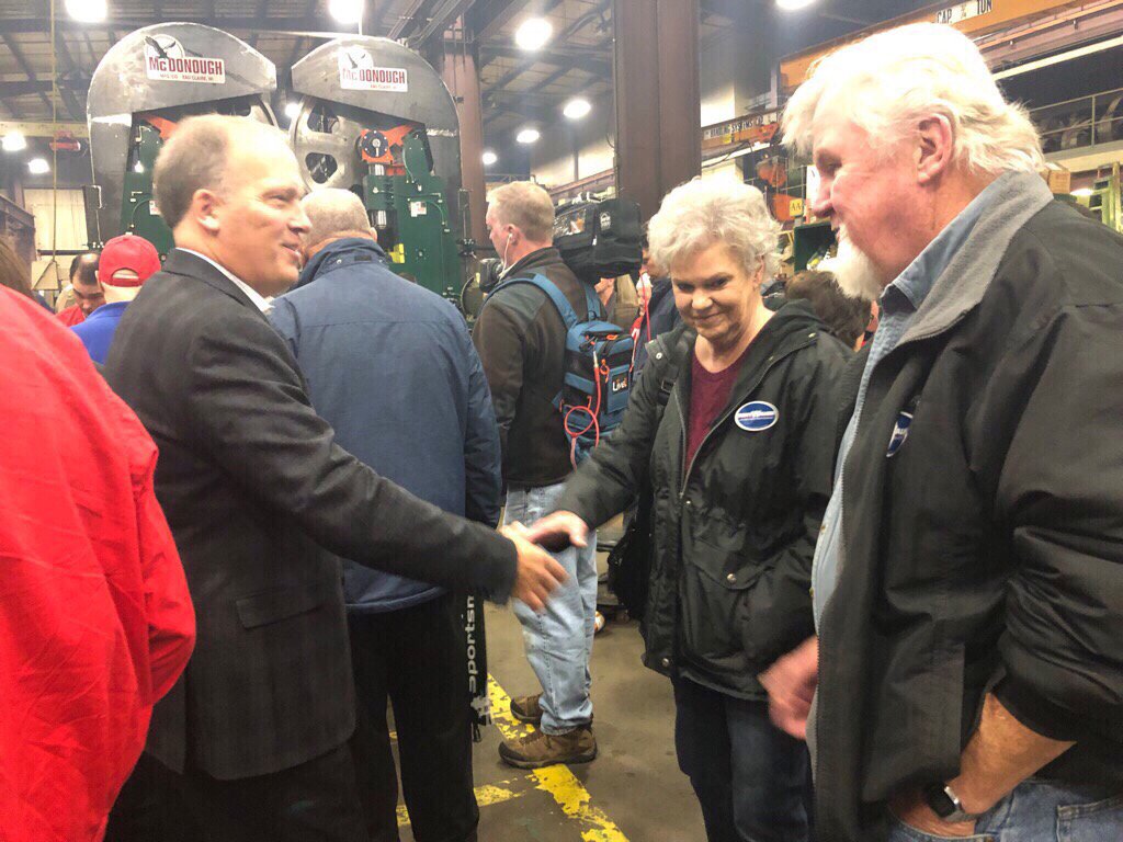 The day continues at McDonough Manufacturing in Eau Claire. Working hard for every last vote. #OurAG #Momentum