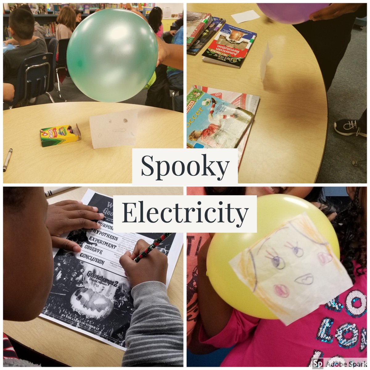 TheSTEMnerdette's tweet photo. Ss in grades 3-5 at @Stars_SES worked on a Spooky Electricity #STEM activity where they had to make their ghosts dance while learning about friction and static electricity! 5th grade explored how ghosts made from diff material gave diff results. #3P31 #4P12 #5P11 #ITFMitchell https://t.co/oqHvswZtLl